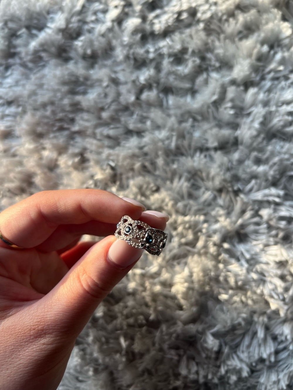 Silver Filigree Band Ring with Black Stones - Women Jewelry